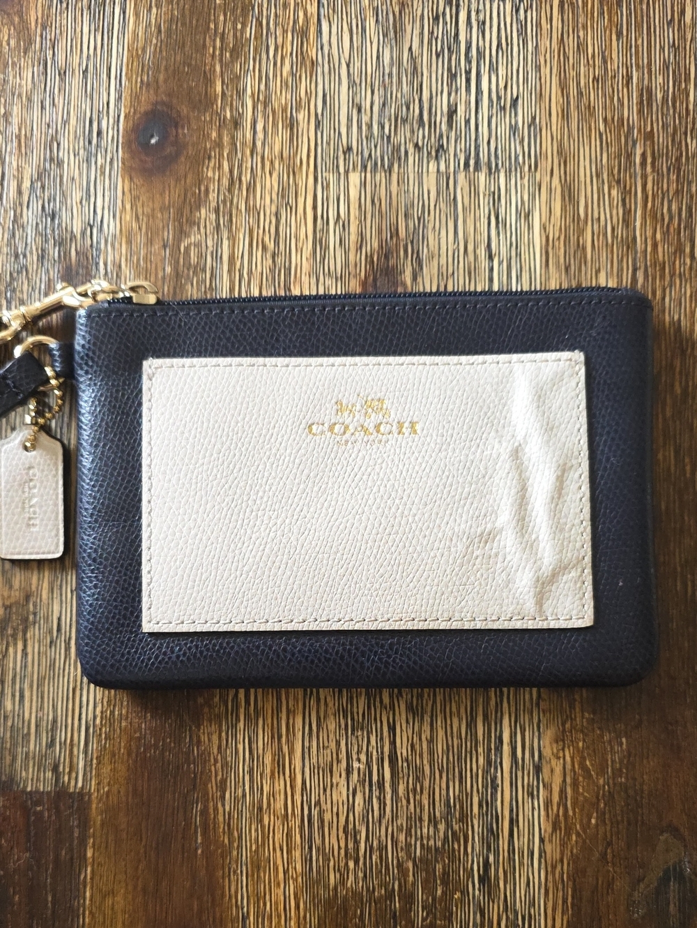 Coach Two-Tone Leather Zip Card Case Wristlet Navy & Cream FLAWED